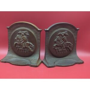 Vintage Bronze Bookends w/ Depicting Medieval Scene Knight on Horse